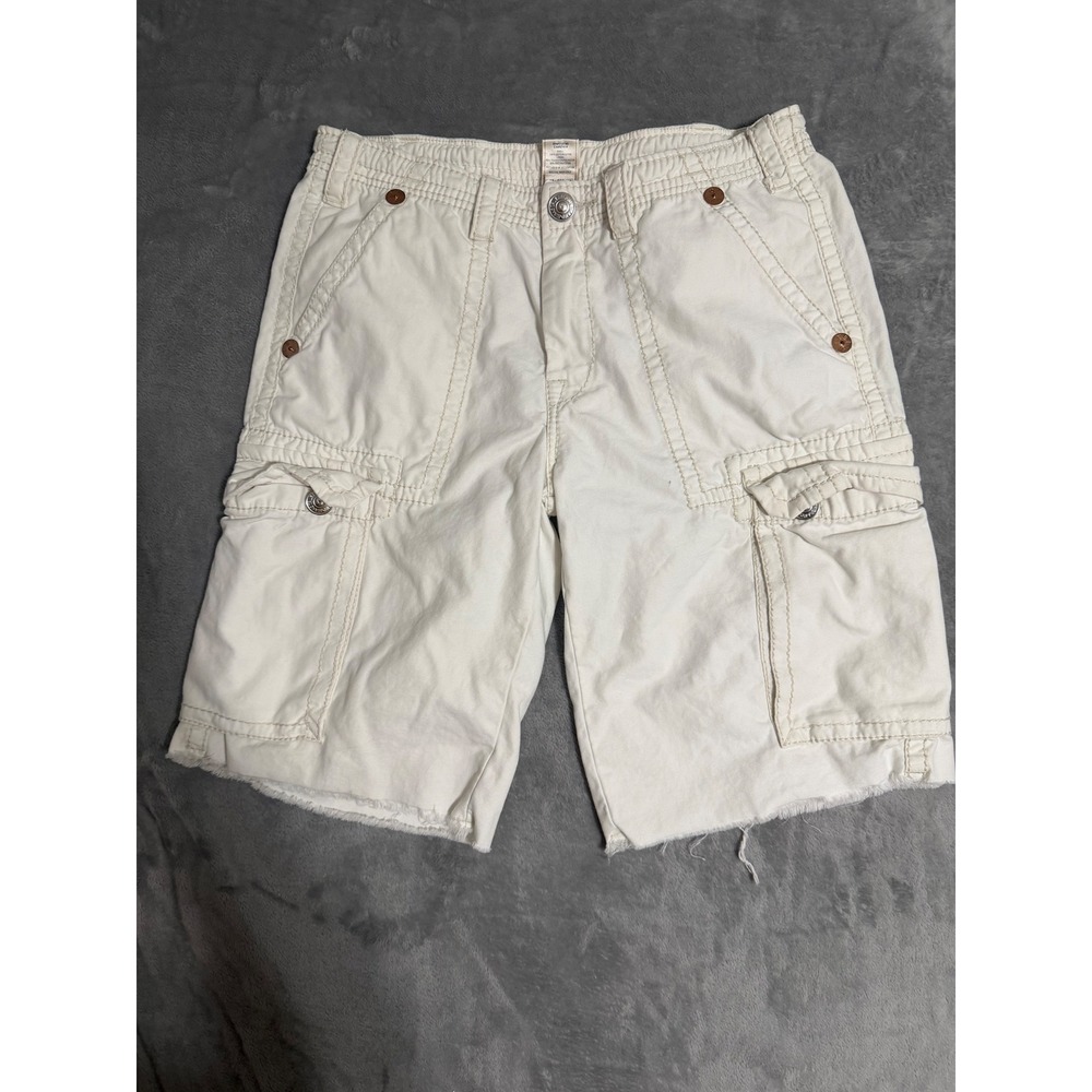 True Religion Cargo Shorts Mens 34 Off White Relaxed Fit Raw Hem Contrast Stitch
